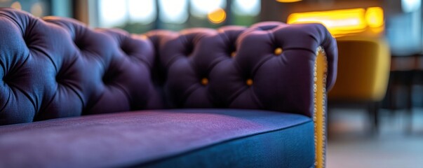 Obraz premium Purple tufted sofa in modern lounge, blurred background