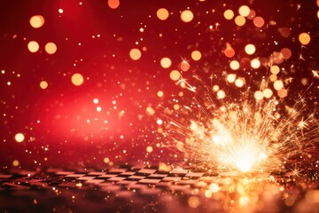 Obraz premium Golden sparks explode on checkerboard surface with red bokeh background