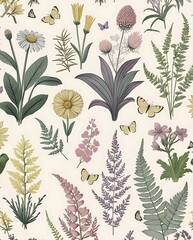 Seamless botanical pattern featuring delicate hand-drawn wildflowers, ferns, and leaves on a light background, evoking a vintage nature-inspired aesthetic perfect for textiles and wallpapers

