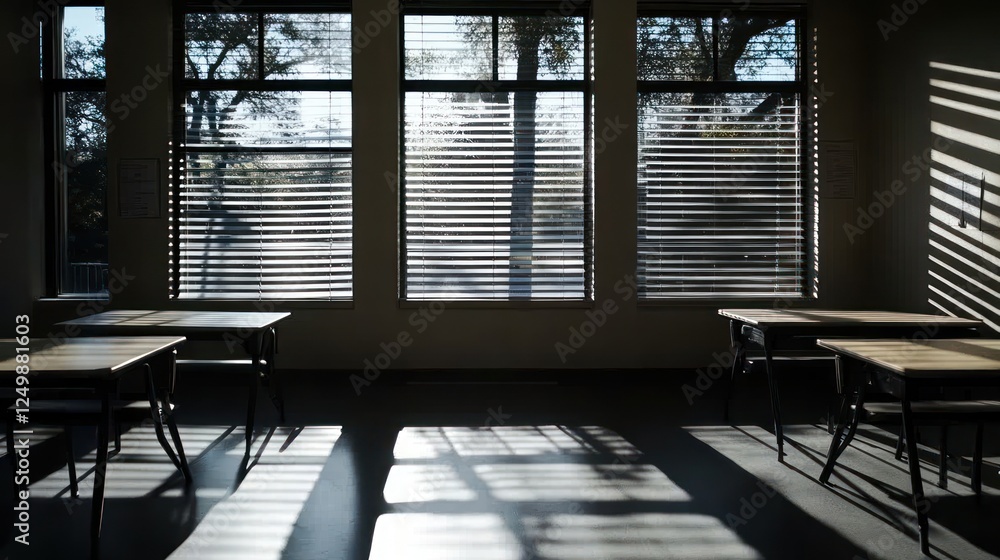 Poster sunlit empty classroom with desks and chairs near large windows with blinds.