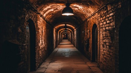 Fototapeta premium Dark, long brick tunnel with arched doorways and dim lighting.