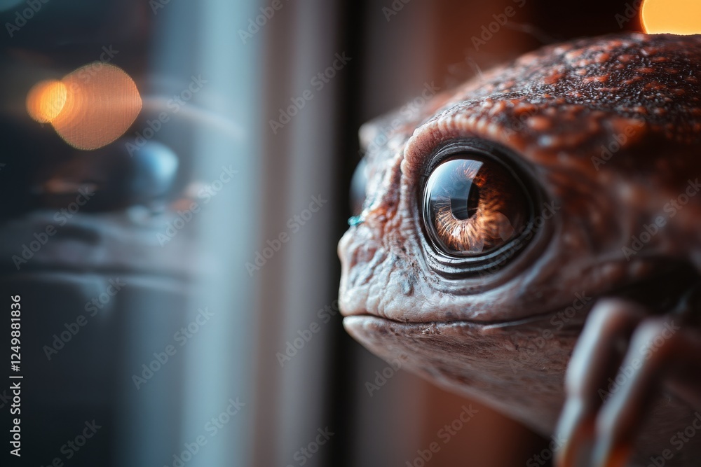 Aufkleber close-up view of a frog gazing intently out of a window at dusk, with reflections creating a serene 