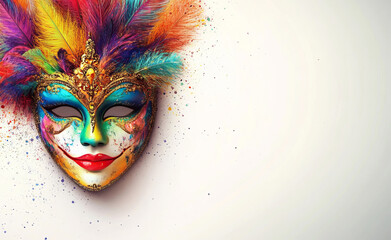 A decorative carnival mask with colorful feathers set against a white background, designed with intricate details and bright hues, perfect for festive themes and Mardi Gras celebrations.