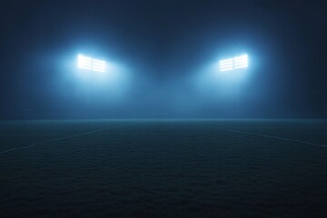 Empty sports field at night, illuminated by bright stadium lights in fog.