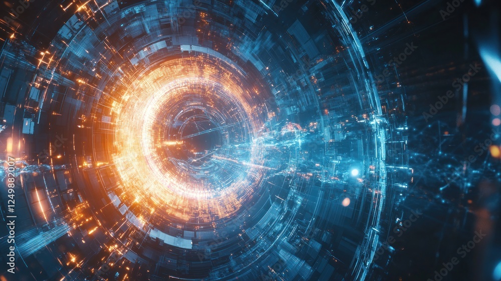Poster abstract technological background with glowing tunnel and data stream