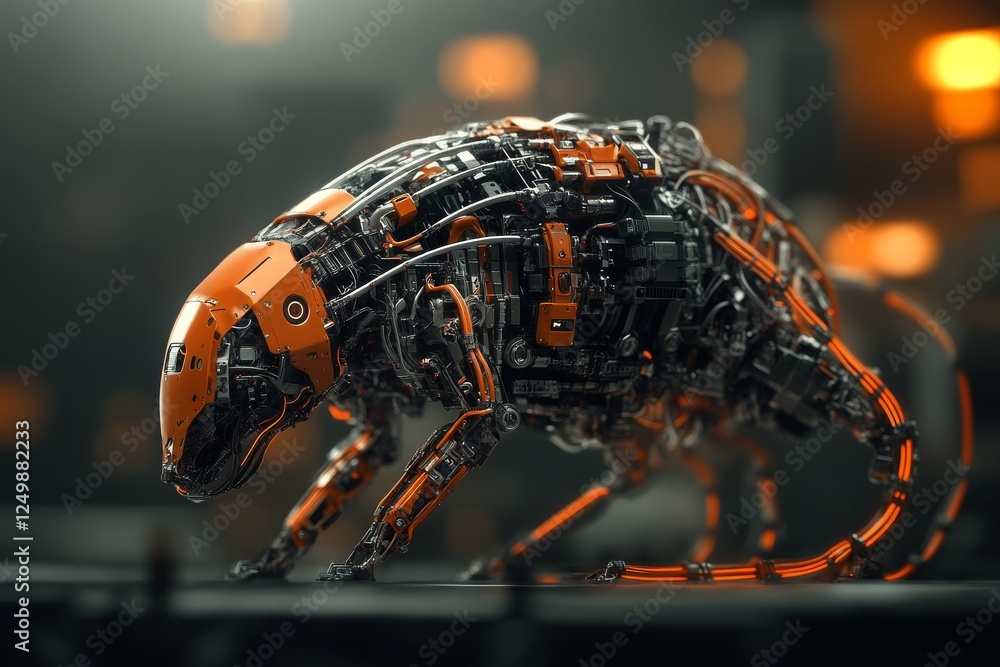 Poster futuristic robotic creature exploring a dimly lit industrial environment with glowing elements