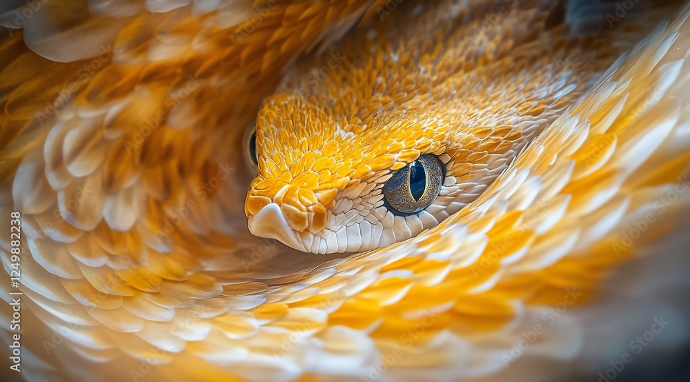 Poster close-up of a golden snake's head peering from within a nest of golden feathers.