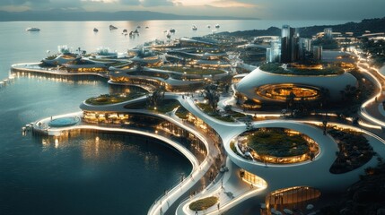 Futuristic coastal city at sunset, showcasing innovative architecture, integrated nature, and vibrant nightlife.