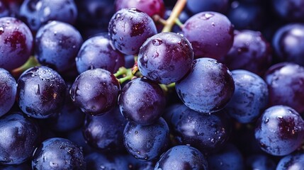Fototapeta premium Close-up of fresh, ripe, dark purple grapes with water droplets.
