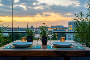 Fototapeta premium Romantic rooftop dinner setting at sunset overlooking city skyline.