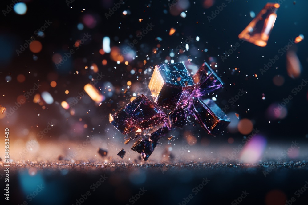 Poster colorful crystals exploding in dynamic motion with glimmers of light in a dark background