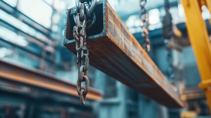 A construction crane lifting steel beams, focusing on the hook and cables as they securely hold the heavy load.