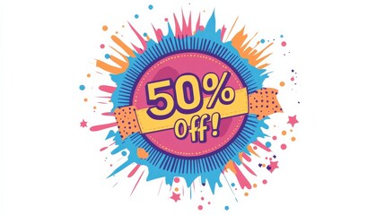 Vibrant Colorful Discount Badge Featuring 50% Off with Splash Elements Perfect for Promotional Sales and Marketing Campaigns in Retail and Online Stores