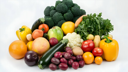 Colorful fresh produce harvest on white background, healthy eating