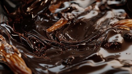 Delicious Dark Chocolate Sauce with Hazelnut Pieces Abstract Close-up View