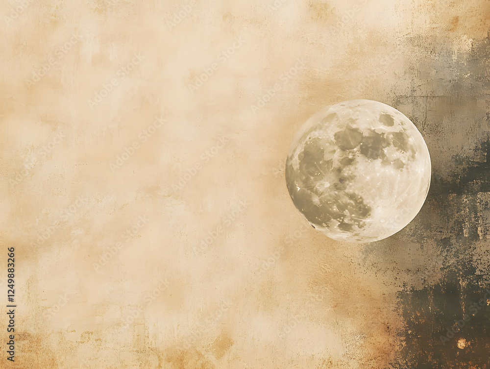Poster luminous moon glowing in textured night sky with soft hazy clouds and muted colors
