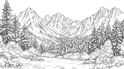 Majestic mountain range, tranquil valley river, evergreen forest, scenic landscape, travel brochure