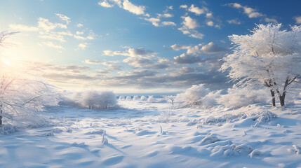 Snowy Winter Landscape Background with Frosty Trees and Clear Sky