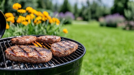 Juicy burgers grilling on barbecue with vibrant flowers in sunny garden.BBQ concept.