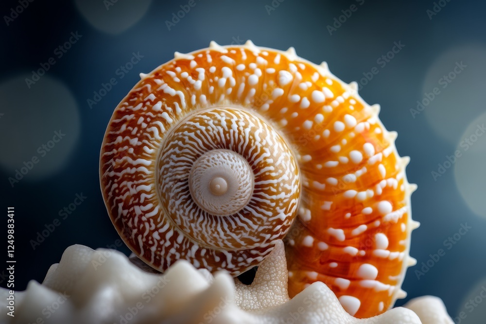 Poster close-up of a beautiful orange and white seashell resting on a light background with soft bokeh effe