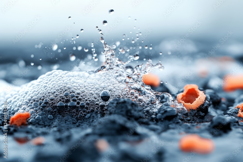 Poster water droplets splash on dark surface contrasting with orange details during a close-up capture in a