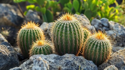 Cactus plants flourish in a rocky desert landscape with vibrant green hues under the sunlight