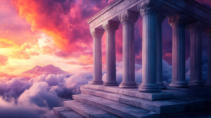 Majestic marble columns rise as swirling clouds surround them, symbolizing divine judgment. Mount Olympus glows with radiant light, casting fate upon mortals below in an ethereal, chaotic scene.

