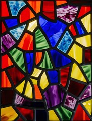 Close-up of an artistic stained glass mosaic with vivid colors and an elaborate abstract geometric pattern, creating a visually engaging design with intricate detailing and reflections

