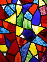 Abstract stained glass artwork with an intricate geometric design in bold, contrasting colors, forming a dynamic and visually striking decorative pattern full of luminous reflections

