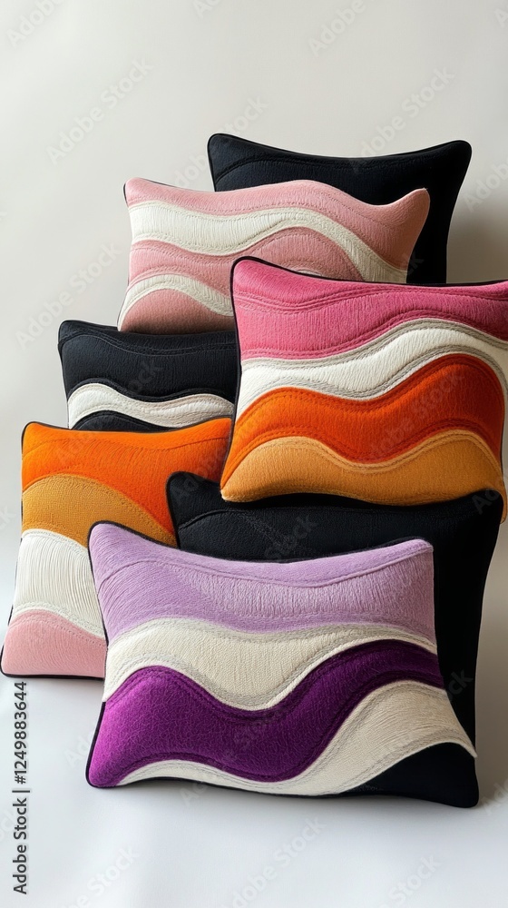Poster brightly colored cushions in varied shapes and textures are artfully arranged, showcasing a delightf