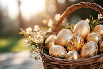 Golden Easter eggs in a woven basket surrounded by flowers under sunlight in a serene outdoor setting