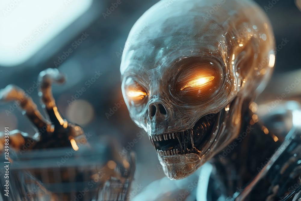 Poster futuristic robotic skeleton with glowing eyes and intricate details in a sci-fi setting