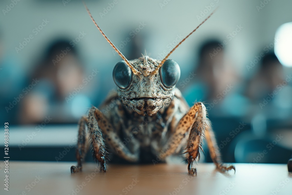 Poster close-up of a grasshopper in a classroom with students in the background during a science lesson