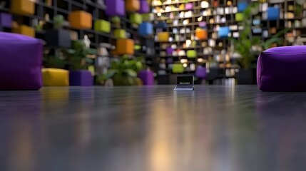 Small Black Object on Glossy Dark Floor with Purple Beanbags and Colorful Cube Wall