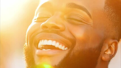 A man with a beard is laughing joyfully, illuminated by sunlight, creating a warm and cheerful atmosphere.