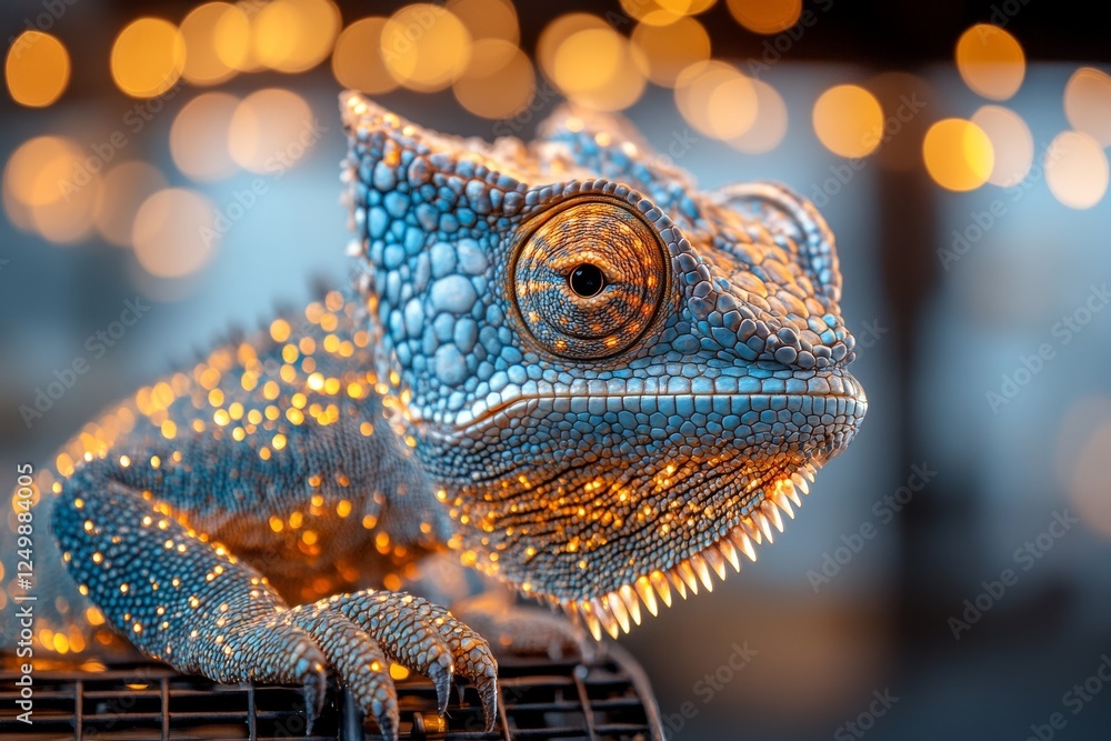 Poster lizard perched on a cage adorned with sparkling lights creating a vibrant ambiance during an evening