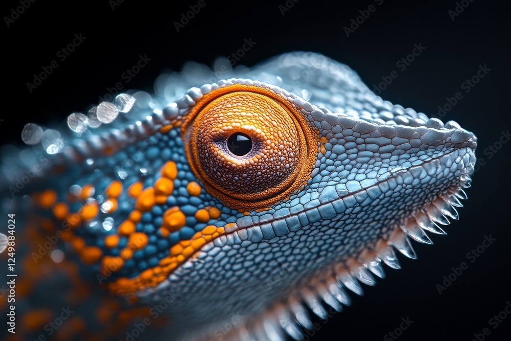 Poster colorful close-up of a lizard showcasing vibrant patterns and textures under soft lighting