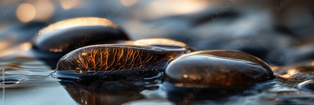 Poster Wet stones reflecting sunlight at sunset.