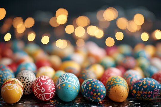 Colorful decorated eggs resting on a shiny surface with festive lights in the background during a spring celebration