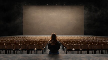 Fototapeta premium Solitary Figure in a Dimly Lit Auditorium Facing a Blank Screen