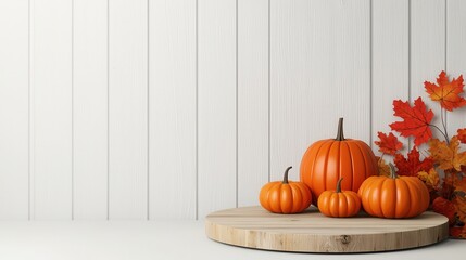 A cozy autumn scene featuring vibrant pumpkins on a wooden platter, complemented by colorful fall leaves against a light wooden backdrop.