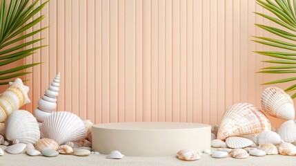 A serene display featuring seashells and palm leaves against a soft peach backdrop, ideal for relaxation or beach-themed decor.