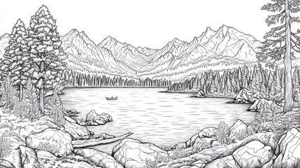 Calm lake, majestic mountains, boat, forest; nature illustration