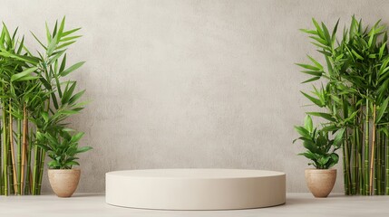 A modern, minimalist display featuring a circular podium flanked by tall green plants in decorative pots against a neutral wall background.