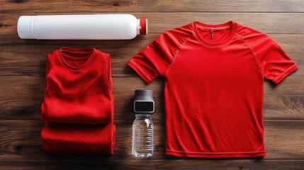 Flat lay of red fitness apparel, water bottle, and smartwatch on wood.