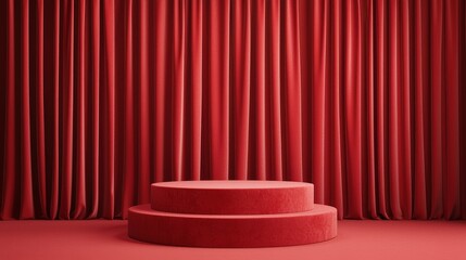 A vibrant red stage with two circular platforms, framed by luxurious red curtains, creating a dramatic and elegant atmosphere.