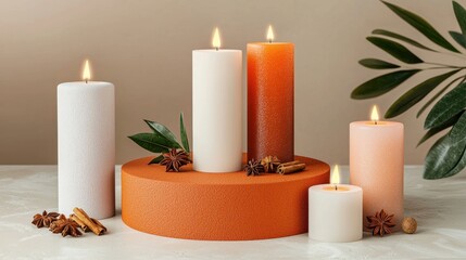 A serene arrangement of lit candles in various heights and colors, surrounded by decorative elements on a soft, neutral background.