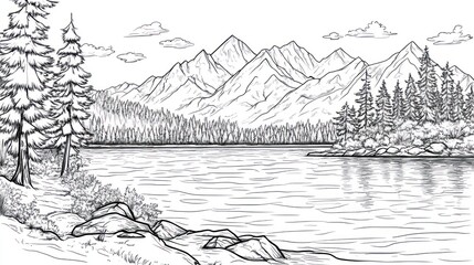 Mountain lake serene landscape, tranquil nature, peaceful scenery, ideal for travel brochure