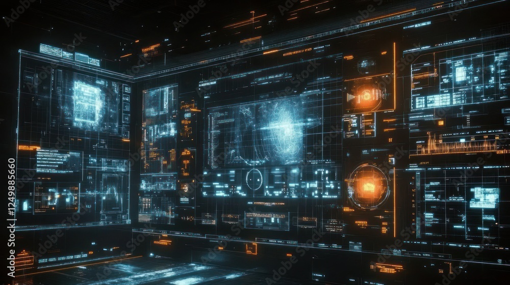 Poster futuristic technology interface with holographic data display and complex systems