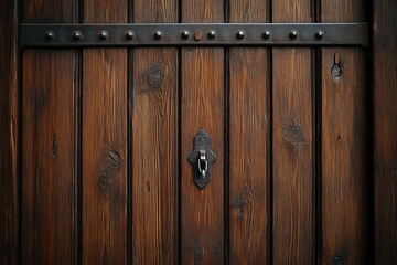 Obraz premium Dark brown wooden door with metal accents and a small, ornate door knocker.
